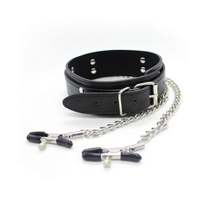 Collar cuero sintético con pinzas para pezones